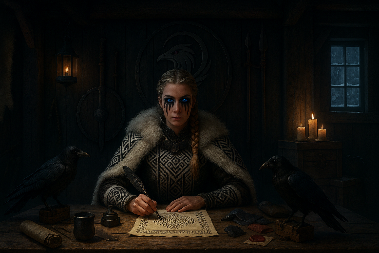 Viking designer in longhouse with ravens